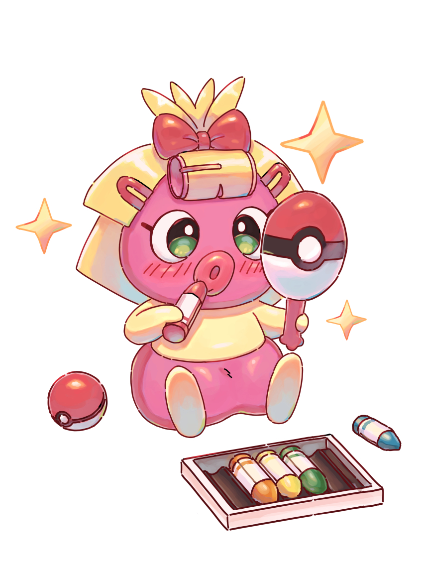 absurdres applying_makeup blush bow crayon full_body gen_2_pokemon hair_bow hair_ornament hair_rollers hairclip highres holding holding_crayon holding_mirror mirror nintendo pastels poke_ball poke_ball_(basic) pokemon pokemon_(creature) raid_(donghyeok) red_bow simple_background sitting smoochum sparkle white_background