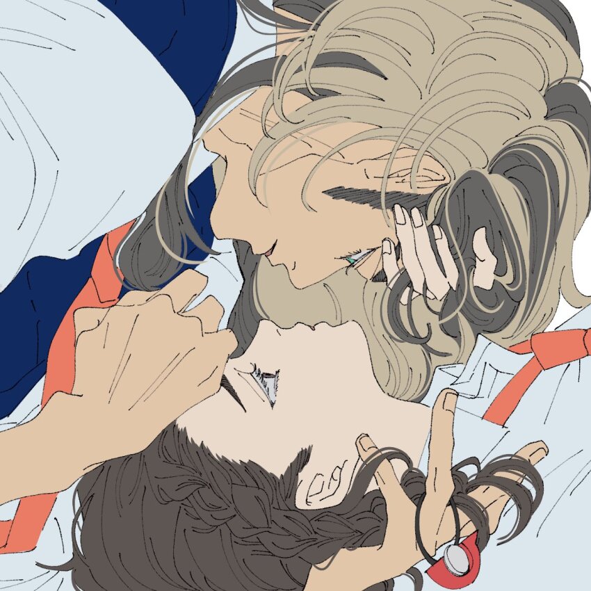 1boy arven_(pokemon) blonde_hair blue_eyes blue_vest braid brown_eyes brown_hair collared_shirt conniepkmn couple eyelashes fingernails grabbing_another&#039;s_hair hair_ornament hair_over_one_eye hairclip half-closed_eyes hand_in_another&#039;s_hair hand_on_another&#039;s_neck hand_on_forehead highres holding_another&#039;s_hair imminent_kiss juliana_(pokemon) long_hair medium_sideburns multicolored_hair naranja_academy_school_uniform neck_hold necktie nintendo open_clothes open_vest orange_necktie pokemon pokemon_sv rotational_symmetry school_uniform shirt short_hair side_braid sideburns single_braid two-tone_hair upside-down vest