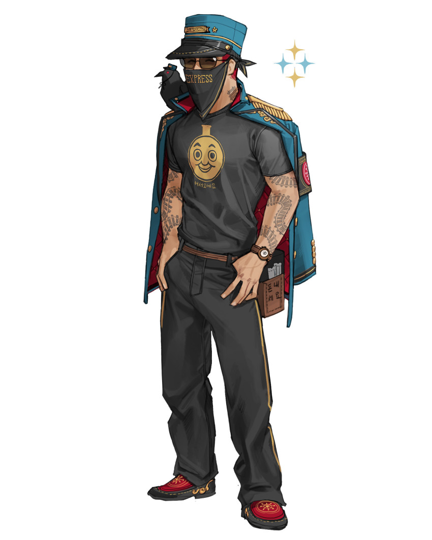 1boy arm_tattoo belt bird black_pants black_shirt blue_headwear brown_belt closed_eyes full_body highres jacket jacket_on_shoulders male_focus original pants print_shirt rinotuna shirt simple_background solo standing sunglasses tattoo thomas_the_tank_engine thomas_the_tank_engine_(character) thumbs_in_pockets white_background