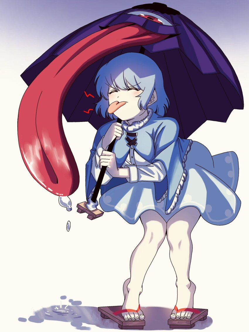 1girl blue_capelet blue_hair blue_skirt capelet closed_eyes commentary full_body geta gradient_background highres holding holding_umbrella karakasa_obake leaning_forward purple_umbrella short_hair skirt solo standing tatara_kogasa tongue tongue_out touhou turtle-kun umbrella white_background wild_and_horned_hermit