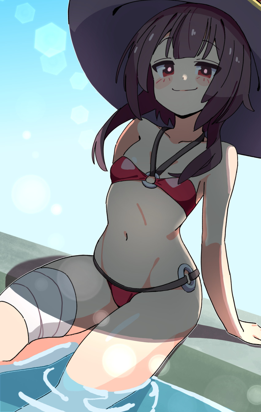 1girl bandaged_leg bandages bare_arms bare_shoulders bikini black_hat blush_stickers breasts brown_hair collarbone commentary groin hat highres kono_subarashii_sekai_ni_shukufuku_wo! lens_flare loli looking_at_viewer megumin navel noyama_takenoko o-ring o-ring_bikini red_bikini red_eyes sitting small_breasts smile solo stomach swimsuit water witch_hat
