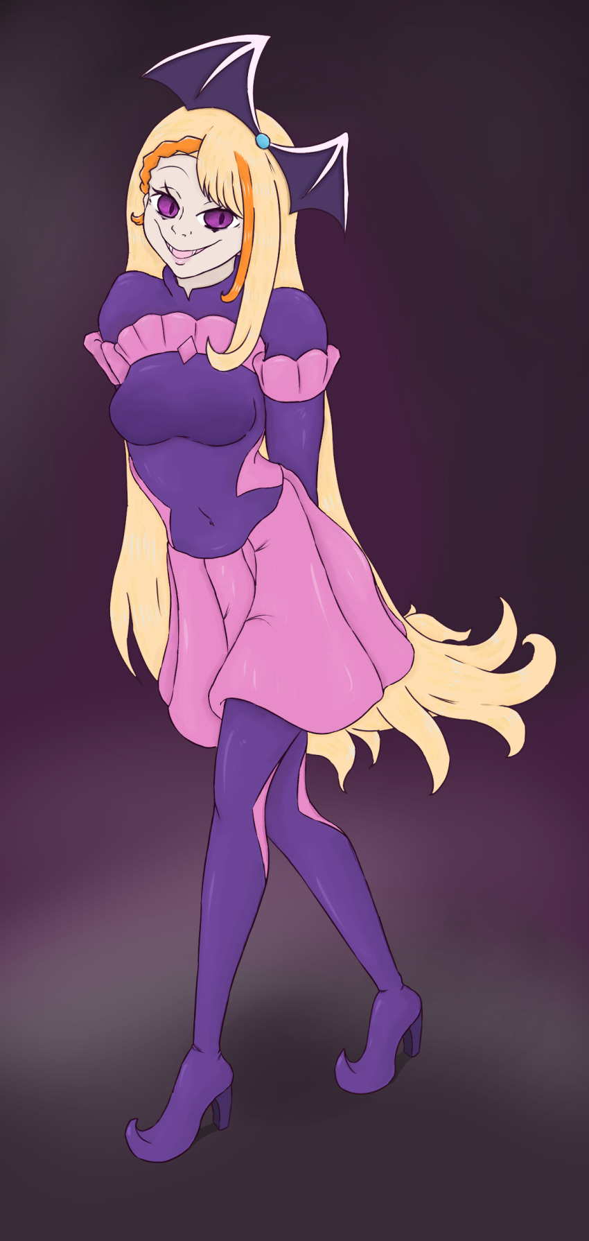 absurdres bad_end_precure blonde_hair bodysuit breasts corruption cure_butterfly elly_snail fangs high_heels highres hijiri_ageha hirogaru_sky!_precure latex long_hair magical_girl medium_breasts pink_eyes pink_skirt precure skirt smug