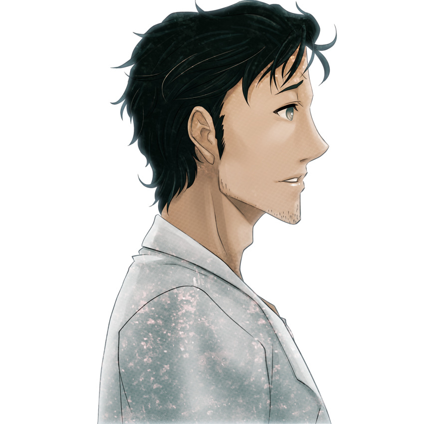 1boy adam&#039;s_apple beard_stubble black_hair clenched_teeth coat collarbone facial_hair from_side game_cg grey_eyes grin highres huke lab_coat lapels long_sleeves looking_to_the_side male_focus messy_hair narrowed_eyes notched_lapels official_art okabe_rintarou ringed_eyes shiny_lips shirt sideburns smile solo square_pupils steins;gate stubble t-shirt teeth transparent_background white_coat white_shirt