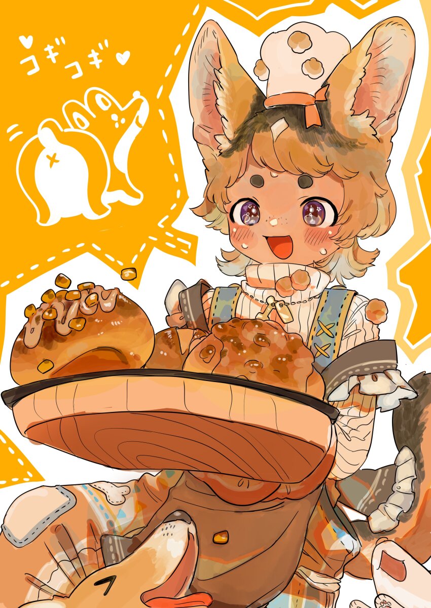 1boy absurdres animal animal_ears apron baking bread brown_apron brown_eyes brown_hair brown_overalls chef_hat commentary_request dog dog_boy dog_ears dog_tail food freckles hands_up hat highres holding holding_tray long_sleeves male_focus open_mouth orange_background original overalls shima_(wansyon144) short_hair solo standing sweater tail translation_request tray turtleneck turtleneck_sweater upper_body welsh_corgi