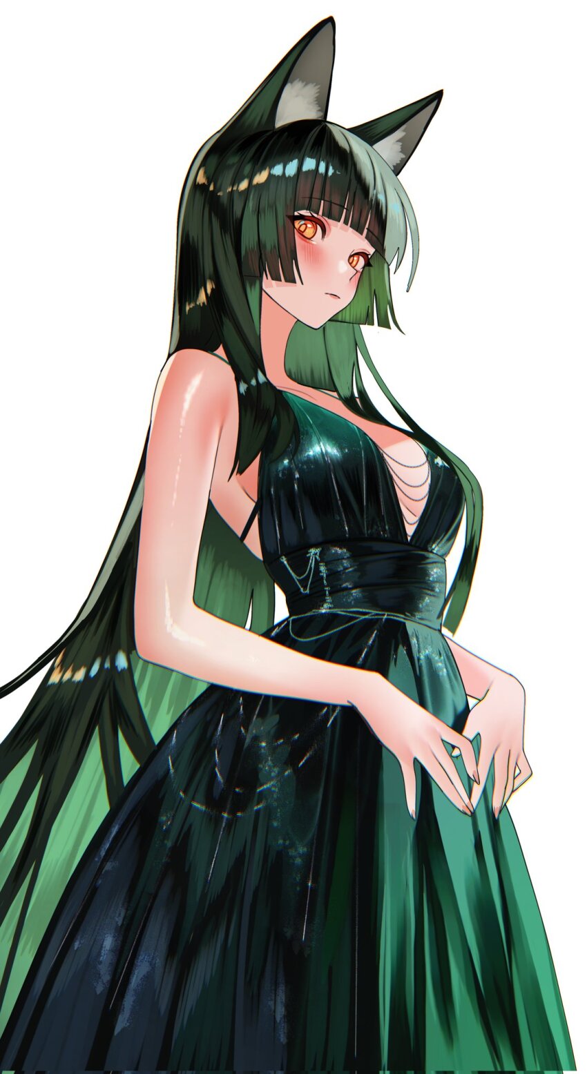 1girl alternate_costume animal_ear_fluff animal_ears arched_bangs bare_shoulders black_hair blush breasts colored_inner_hair commentary dress english_commentary fingernails fox_ears from_side green_dress green_hair highres hoshimi_miyabi large_breasts long_hair looking_at_viewer looking_to_the_side multicolored_hair red_eyes sanya_(sanya_lox228) simple_background sleeveless sleeveless_dress solo very_long_hair white_background zenless_zone_zero