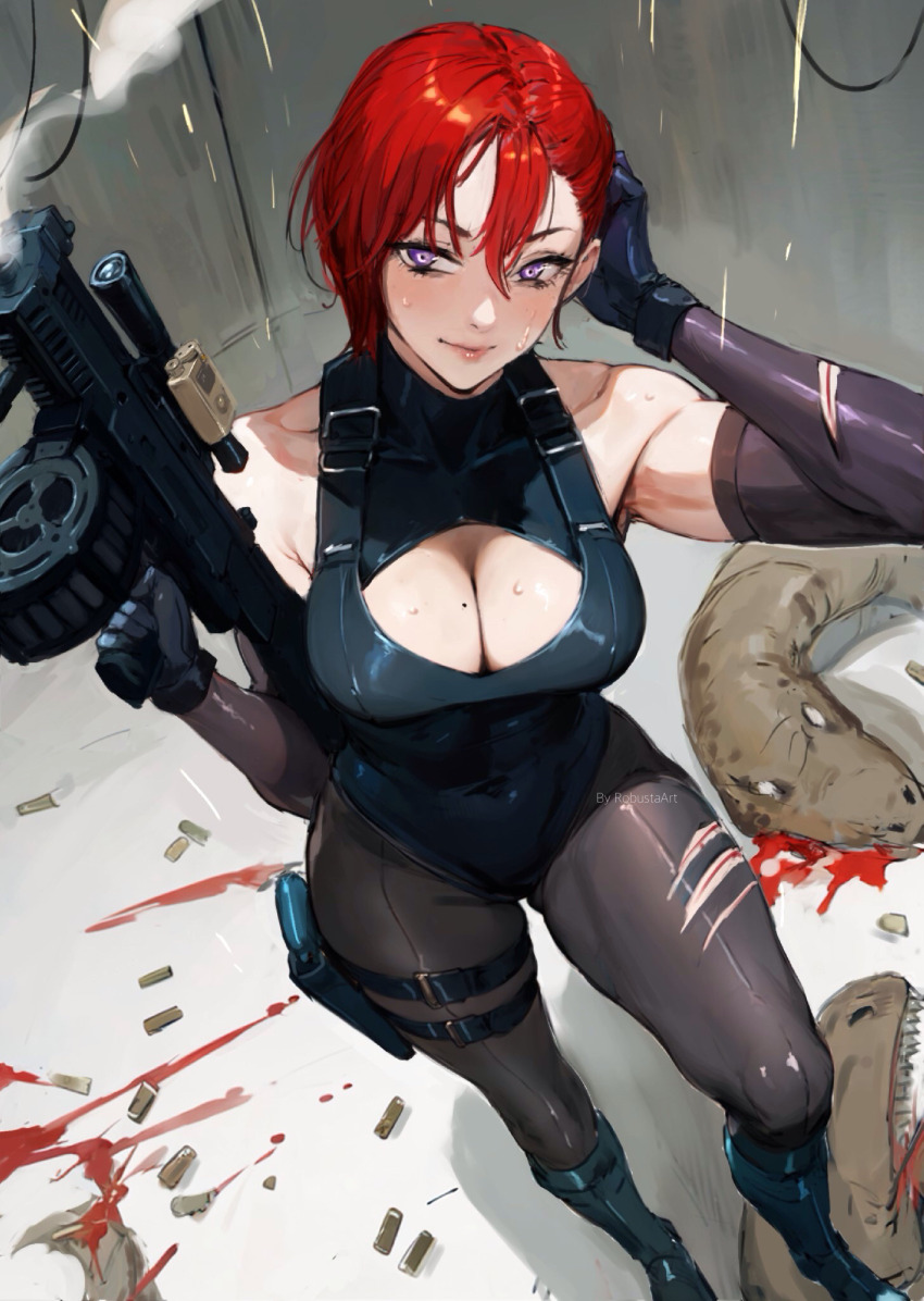 1girl blood blood_on_clothes boots breasts cleavage commission dino_crisis dinosaur drum_magazine elbow_gloves gloves gun handgun highres holster large_breasts leotard looking_at_viewer magazine_(weapon) mole mole_on_breast purple_eyes red_hair regina_(dino_crisis) robusta_mania scar scope shell_casing short_hair smile smoke smoking_barrel solo submachine_gun sweat thigh_holster thighhighs weapon wet
