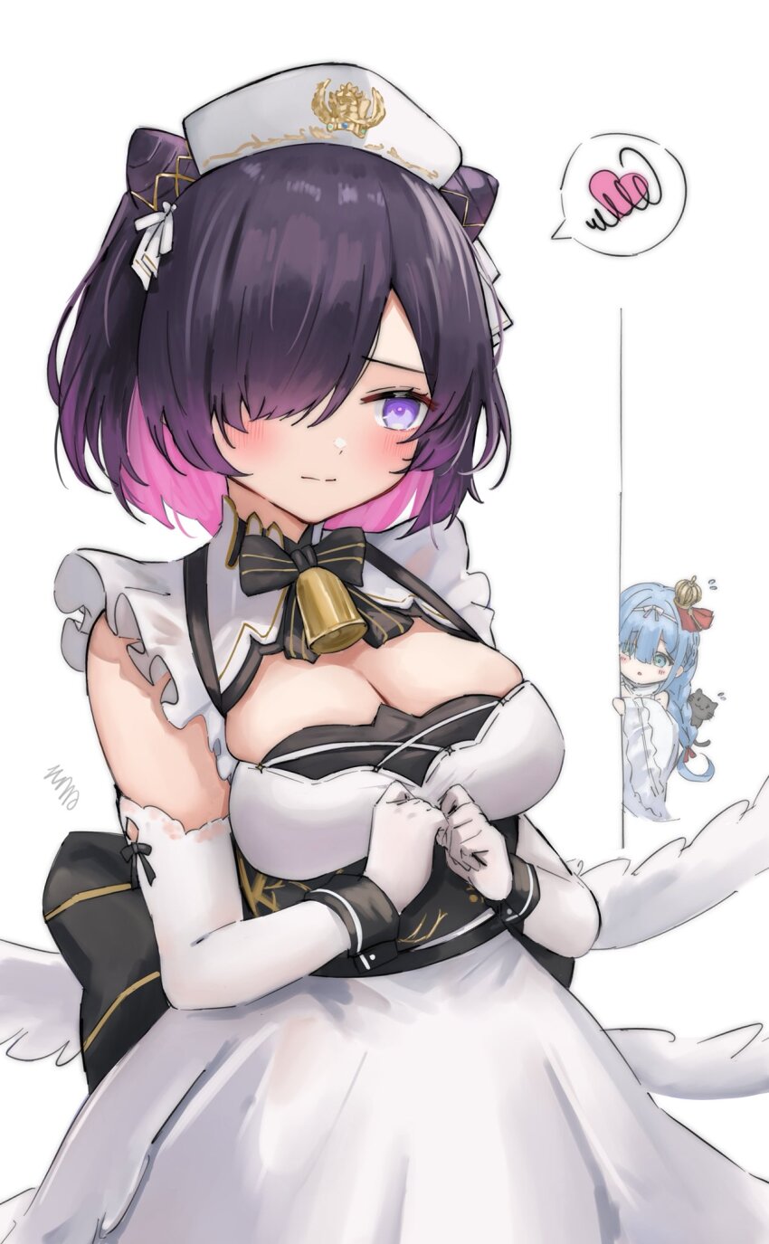 2girls apron azur_lane black_dress blue_eyes blue_hair blush breasts cleavage commentary_request dress elbow_gloves gloves hair_over_one_eye hands_up hat heart highres janus_(azur_lane) jervis_(azur_lane) looking_at_another looking_down medium_breasts medium_hair multiple_girls nervous nurse_cap own_hands_together pink_hair purple_eyes purple_hair sleeveless sleeveless_dress solo_focus soul_(dp11) spoken_heart white_apron white_gloves