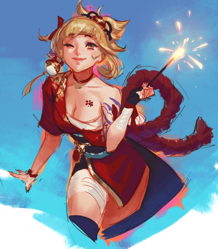 1girl arm_tattoo blonde_hair blue_sash blue_sky blunt_bangs breast_tattoo breasts chest_sarashi cleavage closed_mouth cowboy_shot day fireworks genshin_impact hair_ornament hair_up highres holding holding_fireworks japanese_clothes jeremy_anninos kimono medium_breasts obi off_shoulder one_eye_closed orange_eyes red_kimono sarashi sash short_kimono single_bare_shoulder sky smile solo sparkler tattoo yoimiya_(genshin_impact)