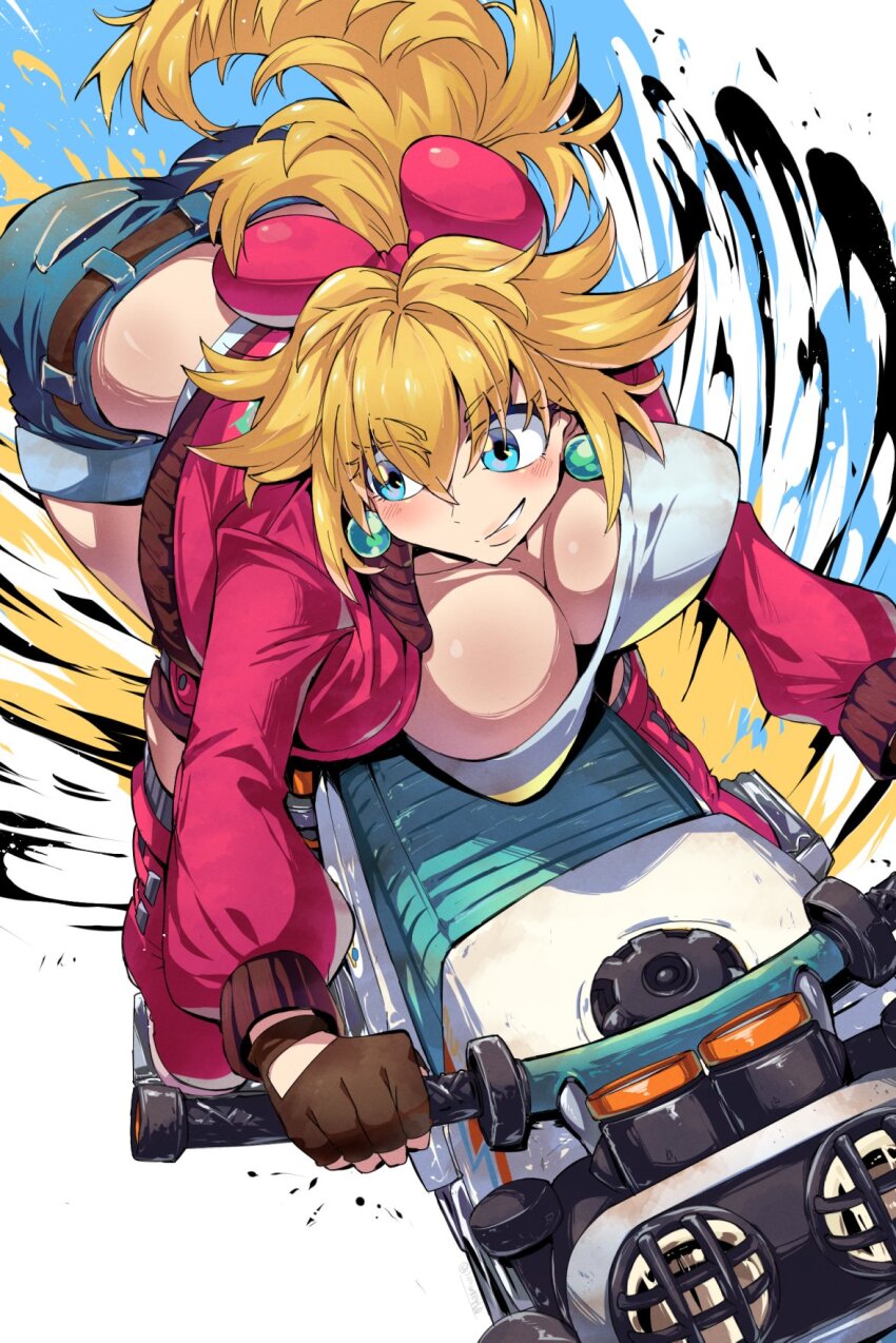 1girl blonde_hair blue_eyes blue_shorts blush bow breasts cleavage crop_top cropped_shirt denim denim_shorts earrings fingerless_gloves gloves hair_bow highres jacket jewelry large_breasts long_hair mario_(series) mario_kart mario_kart_world motor_vehicle motorcycle nintendo on_motorcycle open_clothes open_jacket open_mouth pink_bow pink_jacket ponytail princess_peach princess_peach_(touring) rally_bike_(mario_kart_world) shimure_(460) shirt short_shorts shorts smile solo sphere_earrings teeth