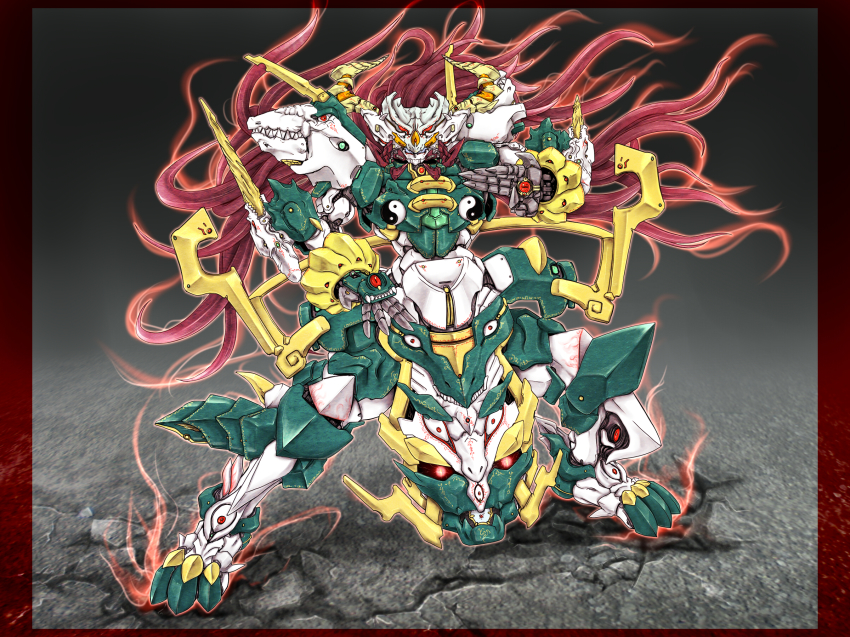 apotheosized_ialdabaoth banpresto crossover dragon ex-meiling female_focus fighting_stance fusion highres hong_meiling ialdabaoth ledjoker07 long_hair mecha mechanization no_humans red_hair robot super_robot_wars super_robot_wars_original_generation super_robot_wars_original_generation_gaiden touhou yin_yang