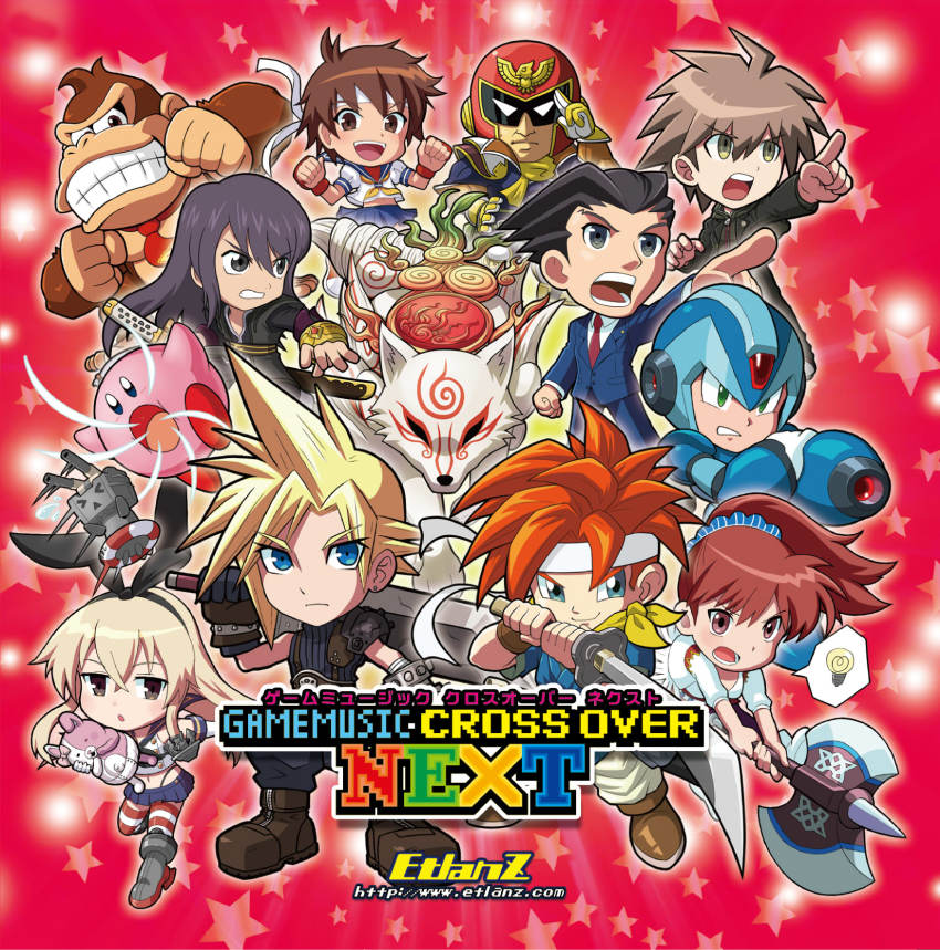 00s 10s 1990s_(style) 2girls 6+boys :o ace_attorney amaterasu_(ookami) arm_cannon axe black_eyes black_hair blonde_hair blue_eyes blue_sailor_collar boots brown_eyes brown_hair capcom captain_falcon character_request chibi chrono_(series) chrono_trigger clenched_teeth cloud_strife creature crono_(chrono_trigger) crossover danganronpa:_trigger_happy_havoc danganronpa_(series) danganronpa_2:_goodbye_despair doll donkey_kong donkey_kong_(series) everyone f-zero final_fantasy final_fantasy_vii formal_clothes go! green_eyes grey_footwear hairband headband helmet hi-go! highres jitome kantai_collection kasugano_sakura kirby kirby_(series) knee_boots long_hair mask mega_man_(series) mega_man_x_(series) monomi_(danganronpa) multiple_boys multiple_crossover multiple_girls naegi_makoto namco necktie nintendo ookami_(game) open_mouth phoenix_wright pointing ponytail red_background red_hair rensouhou-chan retro_artstyle sailor_collar shimakaze_(kancolle) simple_background smile spiked_hair star_(symbol) star_symbol_background street_fighter striped_clothes striped_legwear striped_thighhighs suit sword tales_of_(series) tales_of_vesperia teeth thighhighs watermark weapon web_address wolf x_(mega_man) yuri_lowell
