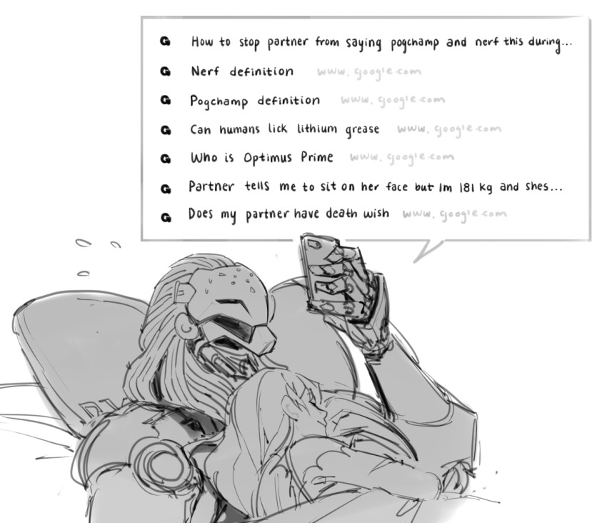1boy 1girl burn_scar cellphone commentary couple d.va_(overwatch) english_commentary english_text google height_difference hetero holding holding_phone implied_after_sex long_hair mechanical_hands monochrome omnic overwatch overwatch_2 phone pillow ramattra_(overwatch) scar scar_on_shoulder searching sketch sleeping sleeping_on_person smartphone velinxi wall_of_text