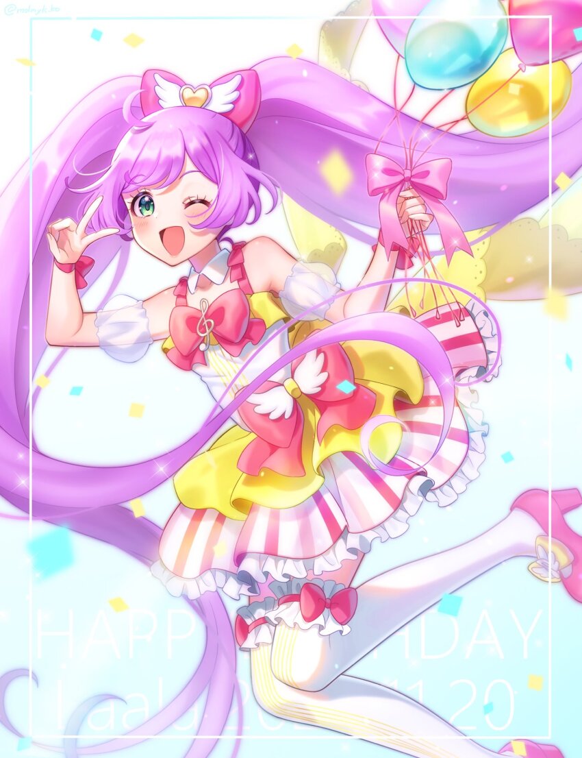 1girl ahoge balloon blush bow commentary_request detached_sleeves dress full_body green_eyes hair_bow hands_up happy_birthday high_heels highres holding holding_balloon idol_clothes kashikoma! long_hair looking_at_viewer manaka_laala mendamen multicolored_dress one_eye_closed open_mouth pink_bow pink_shoes pretty_series pripara puffy_detached_sleeves puffy_sleeves purple_hair shoes smile solo standing thighhighs treble_clef twintails v v_over_eye very_long_hair white_thighhighs wrist_bow