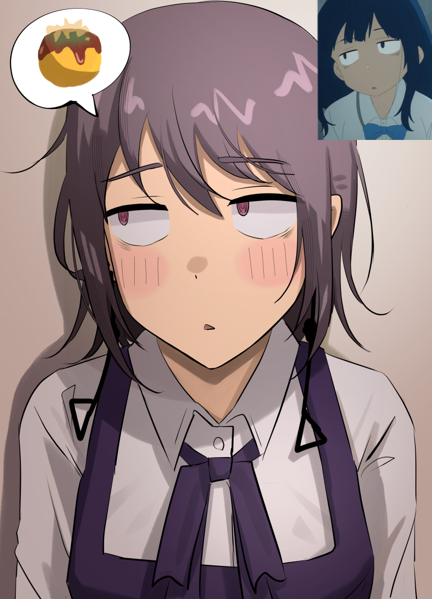 1girl absurdres aguxxxuu anime_screenshot_inset blush chainsaw_man collared_shirt commentary dress earrings english_commentary fami_(chainsaw_man) fourth_east_high_school_uniform highres image_in_speech_bubble jewelry neck_ribbon pinafore_dress purple_dress purple_eyes purple_hair purple_ribbon ribbon ringed_eyes school_uniform shirt short_hair sleeveless sleeveless_dress solo speech_bubble white_shirt