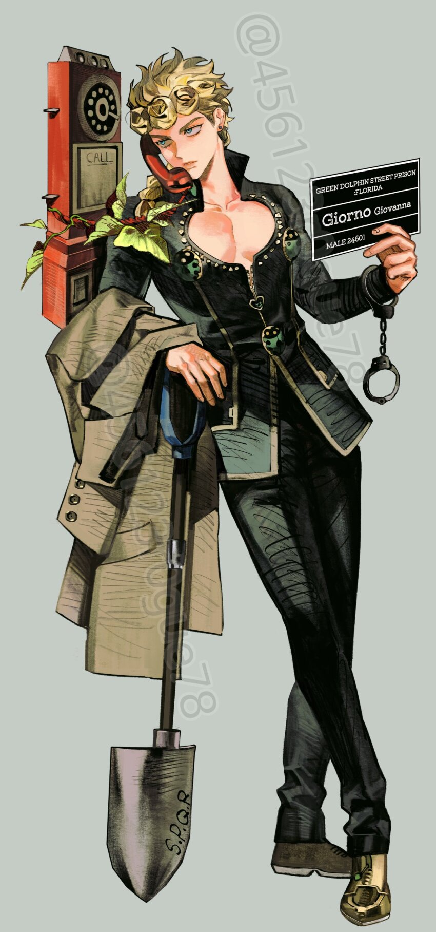 1boy 456123r0gue78 absurdres aqua_eyes bare_pectorals black_suit blonde_hair cuffs curly_hair earrings formal_clothes full_body giorno_giovanna handcuffs highres jewelry jojo_no_kimyou_na_bouken microphone_stand pectorals phone shovel single_earring solo suit vento_aureo