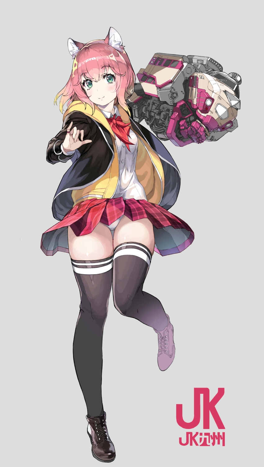 1girl absurdres animal_ear_fluff animal_ears black_footwear black_thighhighs blonde_hair blush commentary_request full_body gradient_hair grey_background highres hood hooded_jacket jacket looking_at_viewer mechanical_arms multicolored_hair neckerchief nishii_(damnedrive) open_clothes open_jacket original panties pantyshot pink_hair plaid_clothes plaid_skirt pleated_skirt red_neckerchief red_skirt shirt simple_background single_mechanical_arm skirt smile solo thigh_gap thighhighs two-tone_hair underwear white_panties white_shirt