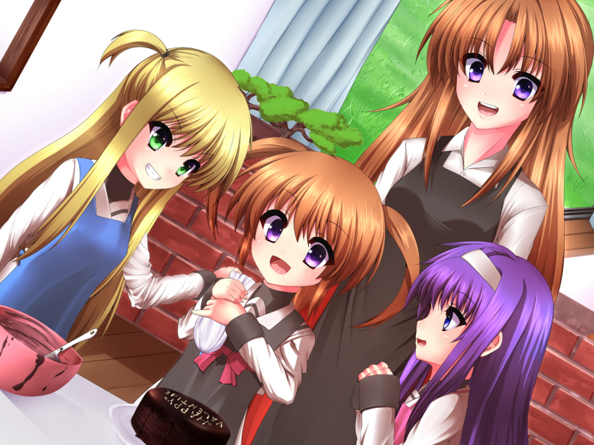 00s 4girls apron arisa_bunnings bad_id bad_pixiv_id blonde_hair blue_eyes brown_hair cake chocolate food green_eyes grin hairband highres long_hair long_sleeves lyrical_nanoha mahou_shoujo_lyrical_nanoha mikami_(mikamicre) multiple_girls open_mouth purple_eyes purple_hair school_uniform short_twintails smile takamachi_momoko takamachi_nanoha tsukimura_suzuka twintails very_long_hair