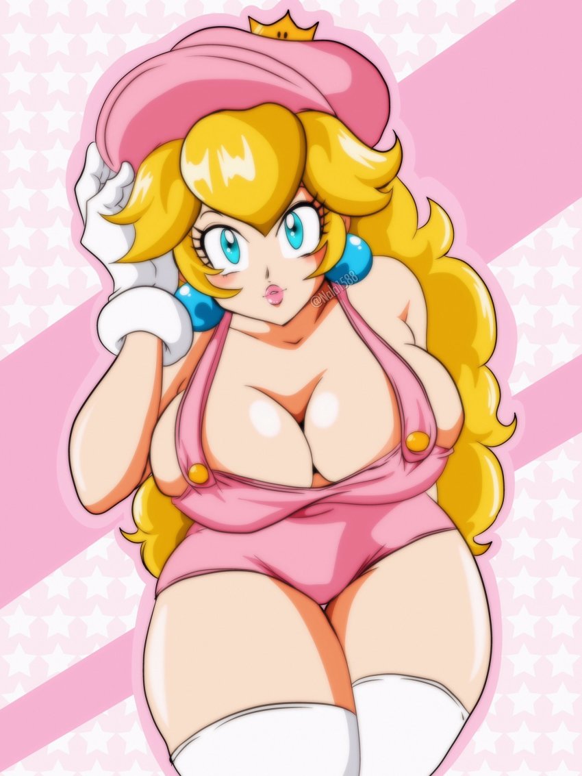 1girl arm_up artist_name bare_arms bare_shoulders blonde_hair blue_eyes blush breasts bursting_breasts buttons cleavage collarbone crown curvy earrings eyelashes facing_viewer gloves hat hat_tip highres jewelry large_breasts leaning_forward lips long_hair looking_at_viewer mario_(series) mini_crown naked_overalls nala1588 nintendo no_bra outline overall_shorts overalls parted_lips pink_background pink_hat pink_lips pink_outline pink_overalls princess_peach solo sphere_earrings star_(symbol) star_symbol_background super_mario_bros._1 super_mario_maker taut_clothes taut_overalls thick_thighs thigh_gap thighhighs thighs twitter_username white_gloves white_thighhighs