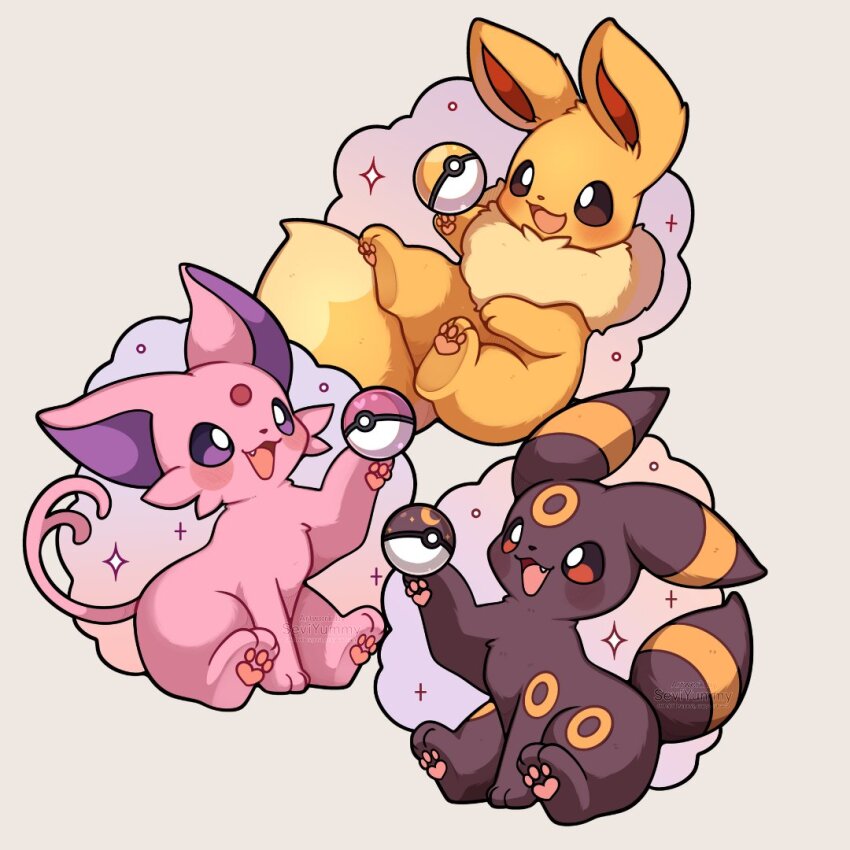 artist_name black_fur bright_pupils commentary eevee espeon fang full_body gen_1_pokemon gen_2_pokemon love_ball moon_ball nintendo no_humans open_mouth paw_up pink_fur poke_ball pokemon pokemon_(creature) pokemon_focus sevi_(seviyummy) simple_background sitting star_(symbol) umbreon white_background
