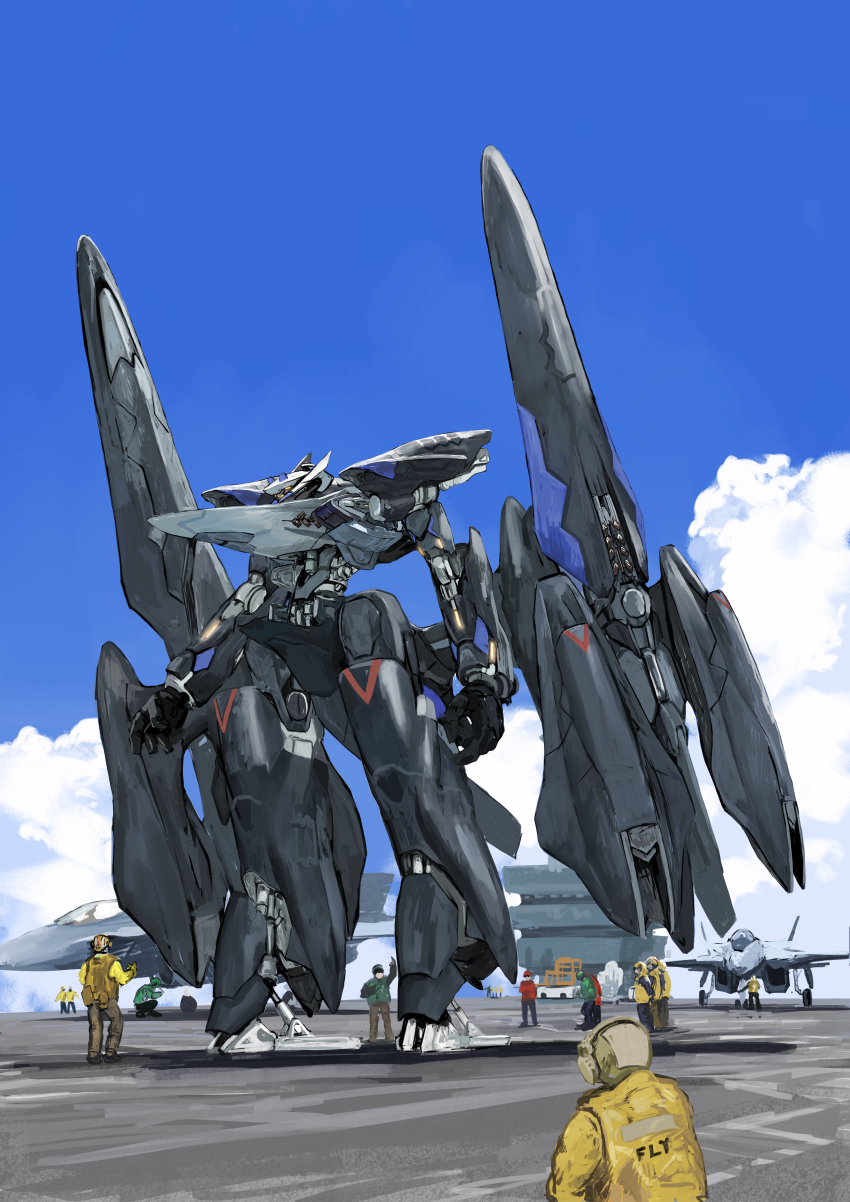 6+boys absurdres aircraft aircraft_carrier aircraft_marshaller airplane arms_at_sides blue_sky brown_pants cloud commentary commentary_request cumulonimbus_cloud day english_commentary extra_eyes fighter_jet flight_deck full_body headphones helmet highres machinery mecha mecha_focus mikan_lemon military_vehicle mixed-language_commentary multiple_boys open_hands original outdoors pants robot science_fiction ship sky standing vest warship watercraft yellow_eyes yellow_vest
