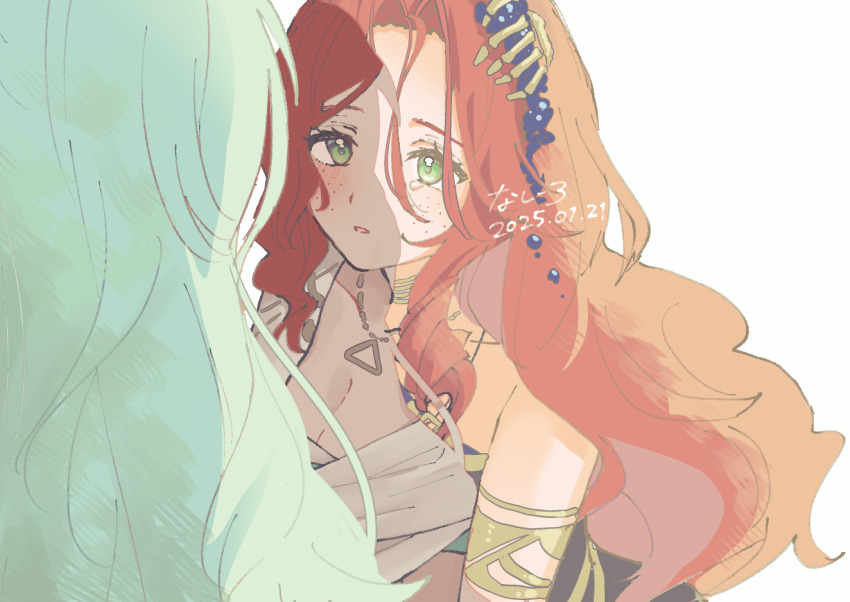 2girls 37_(reverse:1999) aqua_hair armlet artist_name breasts cleavage dated face-to-face facing_away freckles green_eyes hair_ornament jewelry long_hair looking_at_another multiple_girls nashiro_(v0_llp) parted_lips red_hair reverse:1999 signature sophia_(manus_vindictae)_(reverse:1999) sophia_(reverse:1999) tearing_up upper_body virtual_youtuber