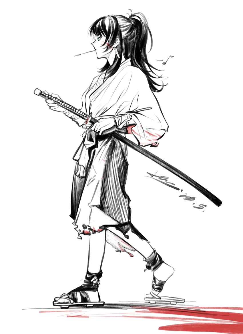 1girl absurdres bang_dream! bang_dream!_it&#039;s_mygo!!!!! blood blood_on_face chinese_commentary commentary_request earrings geta greyscale half_updo hero45439083942 highres japanese_clothes jewelry katana kimono monochrome mouth_hold solo spot_color sword weapon yahata_umiri