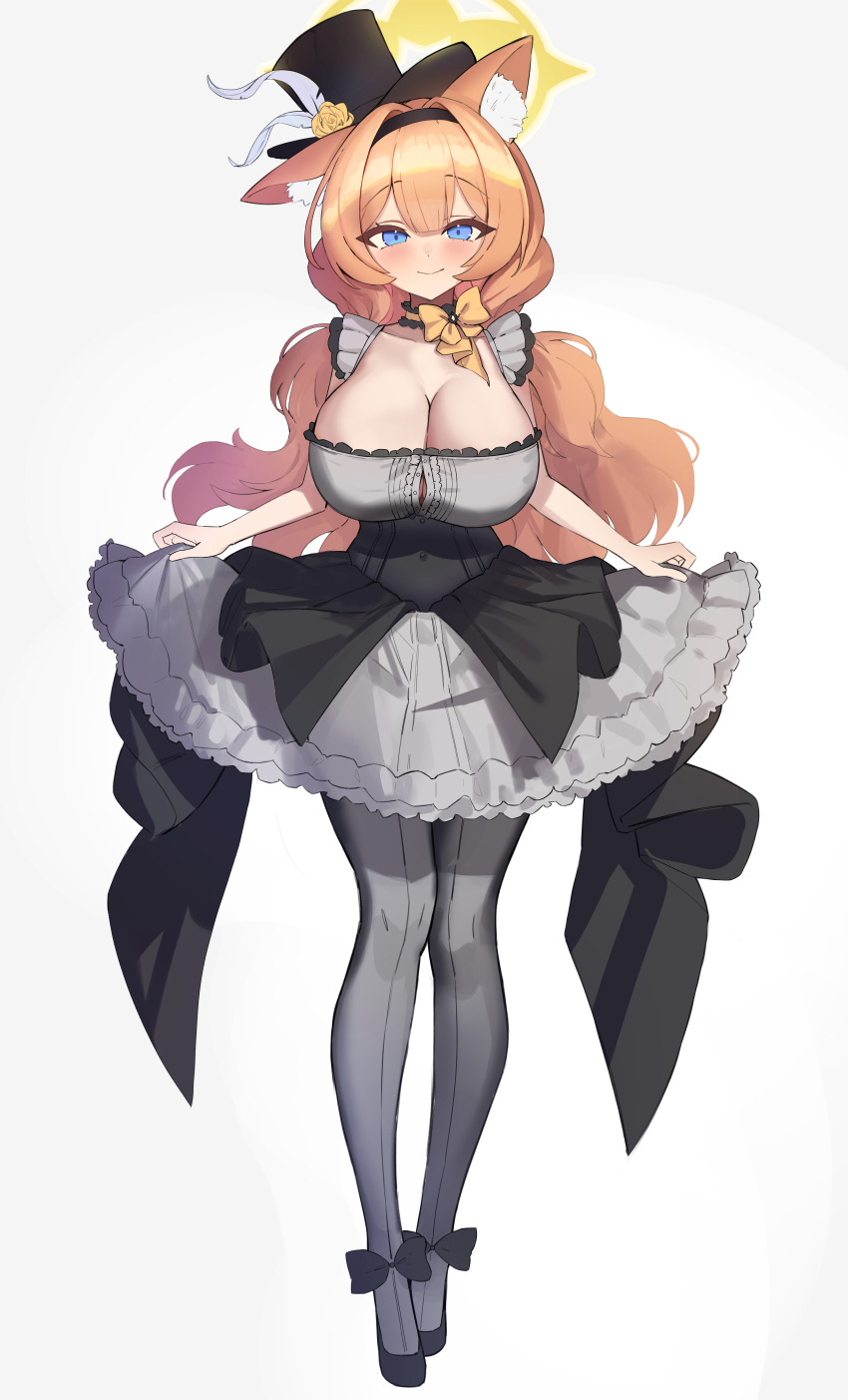 1girl absurdres alternate_breast_size animal_ear_fluff animal_ears black_hairband black_hat black_headband black_overskirt blue_archive blue_eyes blush breasts cat_ears choker cleavage closed_mouth collarbone commentary commission dress english_commentary flower fluffy_hair frilled_choker frills full_body grey_dress grey_feathers hairband halo hat headband highres idol idol_clothes large_breasts long_hair looking_at_viewer mari_(blue_archive) mari_(idol)_(blue_archive) mini_hat mini_top_hat official_alternate_costume orange_hair pixiv_commission rose shio05_(05_sio) simple_background skirt_hold smile solo top_hat yellow_flower yellow_halo yellow_rose
