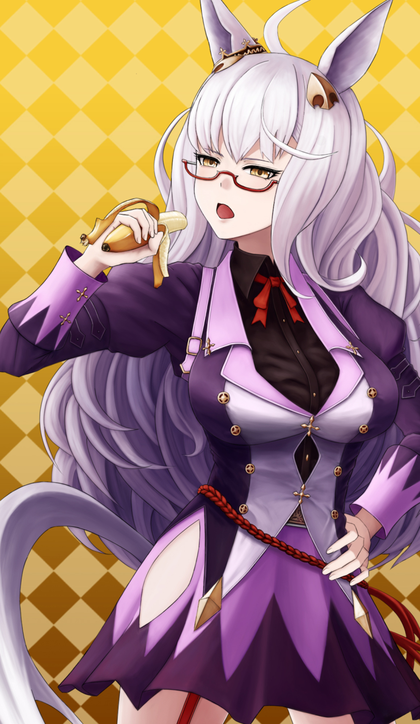 1girl ahoge animal_ears banana biwa_hayahide_(umamusume) black_shirt breasts checkered_background collared_shirt commentary_request cowboy_shot ear_ornament eating food fruit garter_straps glasses grey_hair hair_between_eyes hair_ornament hand_on_own_hip highres hip_vent holding holding_food holding_fruit horse_ears horse_girl horse_tail jacket long_hair long_sleeves medium_breasts mmm_(mikito) open_mouth purple_jacket purple_skirt red_ribbon ribbon semi-rimless_eyewear shirt skirt solo spade_hair_ornament tail umamusume under-rim_eyewear very_long_hair yellow_background yellow_eyes