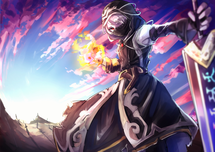 1girl absurdres battlefield black_dress black_gloves black_hood black_sleeves blue_sky blurry colored_skin commentary_request depth_of_field detached_sleeves dragon_quest dragon_quest_x dress el_(user_dndc7285) elf_(dq10) fingerless_gloves flaming_hand gloves hair_over_one_eye highres holding holding_sword holding_weapon hood hood_up impasto mask mouth_mask one_eye_covered outdoors pink_clouds planted planted_sword planted_weapon red_eyes runes sky solo sword torn_clothes torn_dress weapon white_hair white_skin