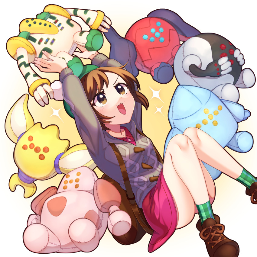1girl :3 arms_up backpack bag brown_eyes brown_hair brown_legwear cardigan gen_3_pokemon gen_4_pokemon gen_8_pokemon gloria_(pokemon) green_headwear green_legwear grey_cardigan highres knees_up kona_(ayaz8247) legendary_pokemon long_sleeves nintendo open_mouth pink_skirt plaid_clothes plaid_socks pokemon pokemon_(creature) pokemon_swsh regice regidrago regieleki regigigas regirock registeel sitting skirt socks stuffed_toy white_background