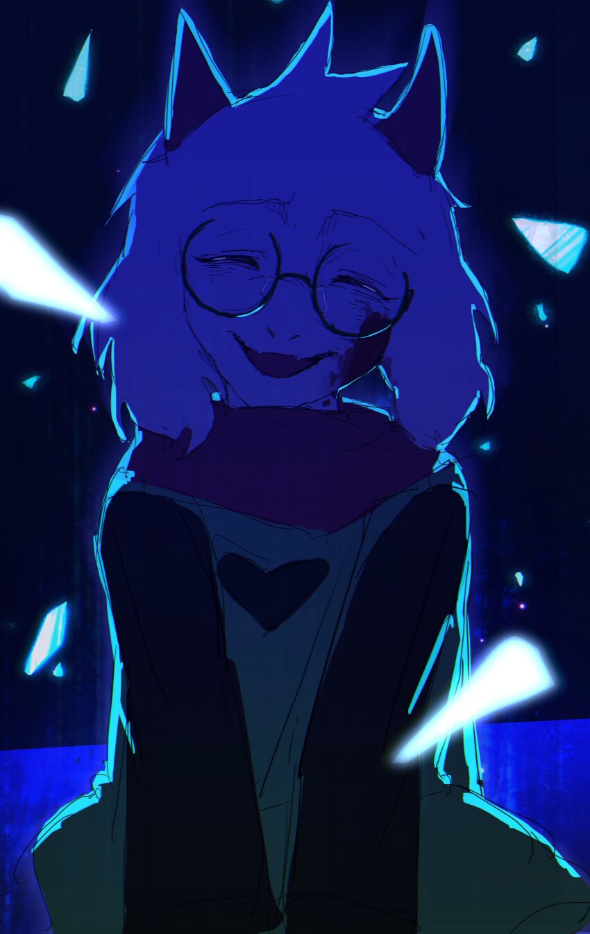 1boy absurdres black_sleeves blood blood_on_face blue_background blue_light closed_eyes dark_background deltarune furry furry_male glasses goat_boy green_robe hashtag-only_commentary heart highres horns open_mouth ralsei red_scarf robe round_eyewear scarf smile solo tsumayouji_(tsumayoooooji12) white_fur