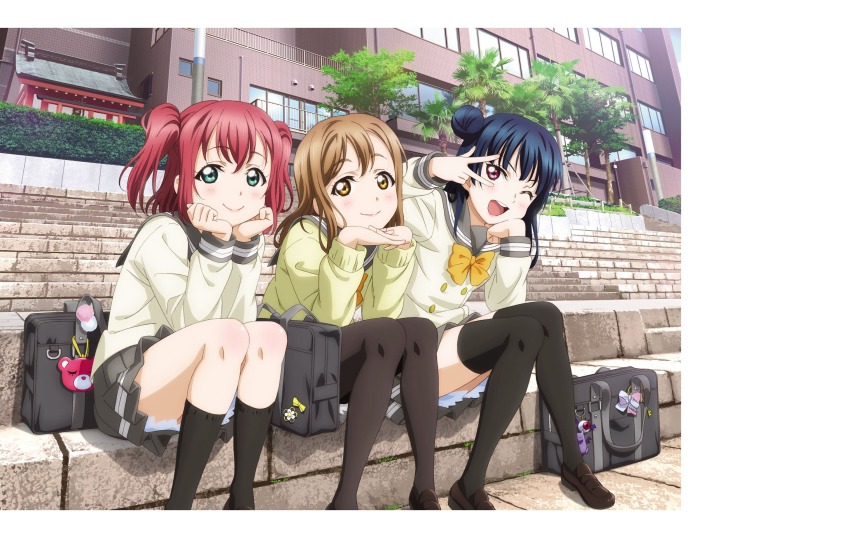3girls :d ;d aqua_eyes artbook bag bag_charm blue_hair blush bow bowtie brown_hair cardigan charm_(object) closed_mouth day grey_sailor_collar grey_skirt hair_bun head_rest highres kneehighs knees_together_feet_apart kunikida_hanamaru kurosawa_ruby loafers long_hair long_sleeves looking_at_viewer love_live! love_live!_sunshine!! miniskirt multiple_girls non-web_source official_art one_eye_closed open_mouth orange_bow orange_bowtie outdoors pantyhose pleated_skirt purple_eyes red_hair sailor_collar school_bag school_uniform serafuku shoes sitting skirt smile socks thighhighs tsushima_yoshiko twintails two_side_up uranohoshi_school_uniform v v_over_eye winter_uniform yellow_bow yellow_bowtie yellow_eyes zettai_ryouiki