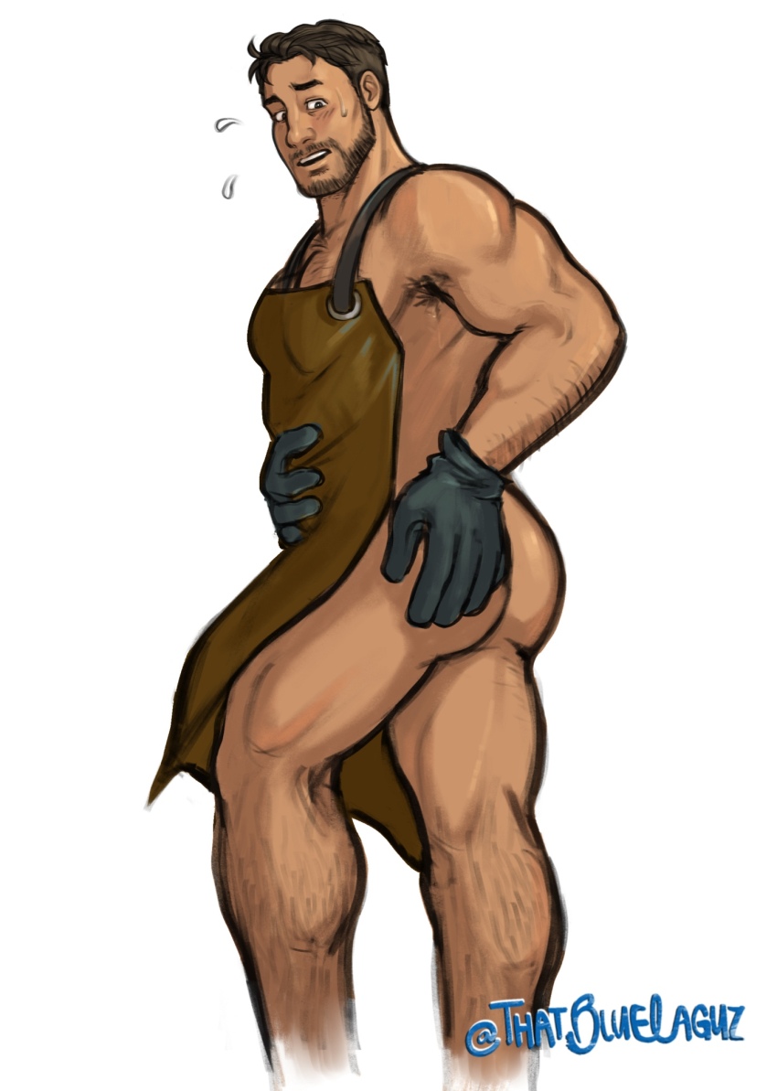 1boy apron armpit_hair armpit_hair_peek ass bara beard blush brown_apron brown_hair coral_island covering_ass covering_privates cropped_legs dark-skinned_male dark_skin facial_hair flying_sweatdrops full_beard gloves hairy highres large_pectorals looking_at_viewer looking_back male_focus mature_male muscular muscular_male naked_apron pectorals rafael_(coral_island) short_hair shy solo sparse_arm_hair sparse_chest_hair sparse_leg_hair standing thatbluelaguz thick_eyebrows