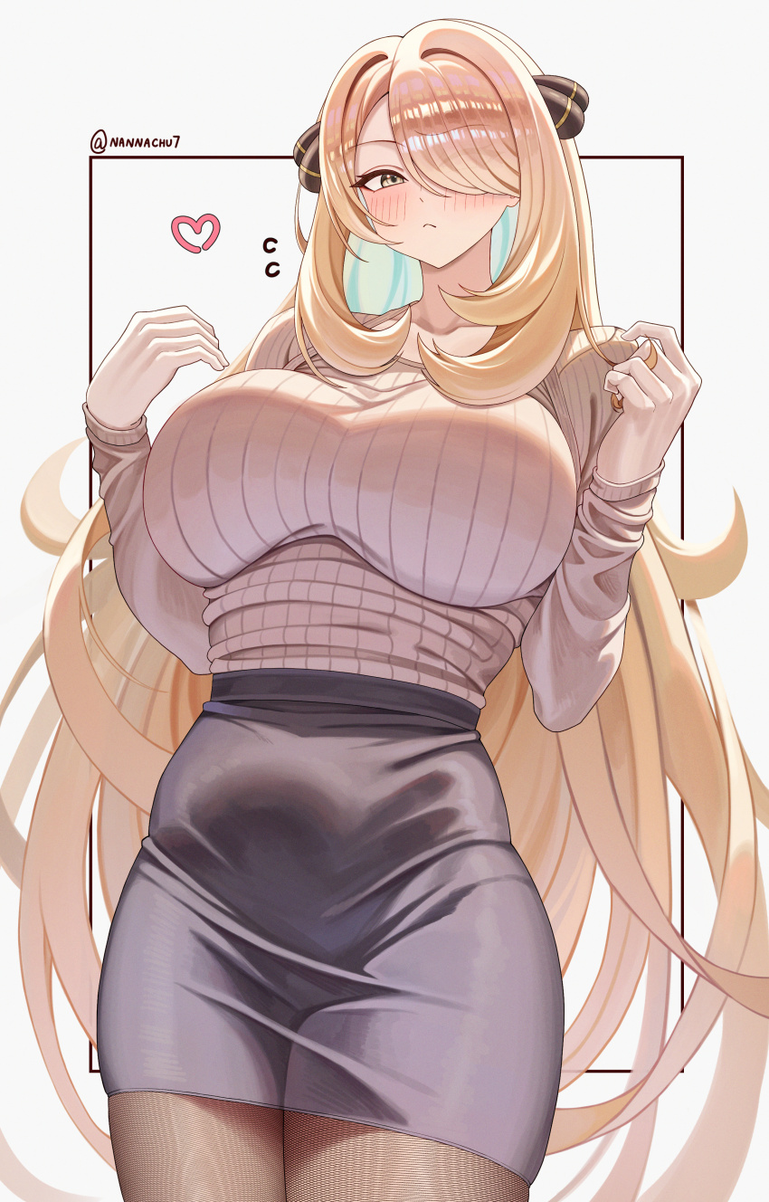 1girl absurdres artist_name black_skirt blonde_hair blush breasts closed_mouth cowboy_shot cynthia_(pokemon) grey_eyes hair_ornament hair_over_one_eye hands_up heart highres huge_breasts impossible_clothes impossible_shirt long_hair nannachu7 nintendo pantyhose pencil_skirt pokemon pokemon_dppt shirt skirt solo sweater sweater_tucked_in very_long_hair white_background