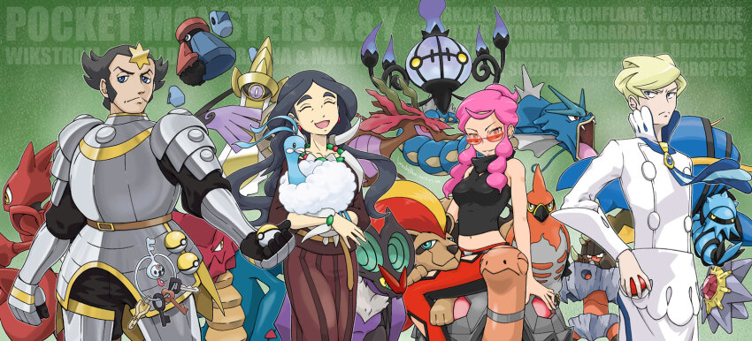 2boys 2girls aegislash altaria armor ascot barbaracle black_hair blonde_hair breasts chandelure character_name clawitzer closed_eyes colored_sclera copyright_name crop_top dragalge drasna_(pokemon) druddigon fangs gen_1_pokemon gen_2_pokemon gen_3_pokemon gen_4_pokemon gen_5_pokemon gen_6_pokemon gyarados highres holding holding_poke_ball klefki malva_(pokemon) medium_breasts multiple_boys multiple_girls nintendo noivern open_mouth pauldrons pink_hair poke_ball poke_ball_(basic) pokemon pokemon_(creature) pokemon_xy probopass pyroar pyroar_(female) red-tinted_eyewear red_sclera scizor shoulder_armor siebold_(pokemon) starmie talonflame tinted_eyewear torkoal wackybee wikstrom_(pokemon) yellow_sclera