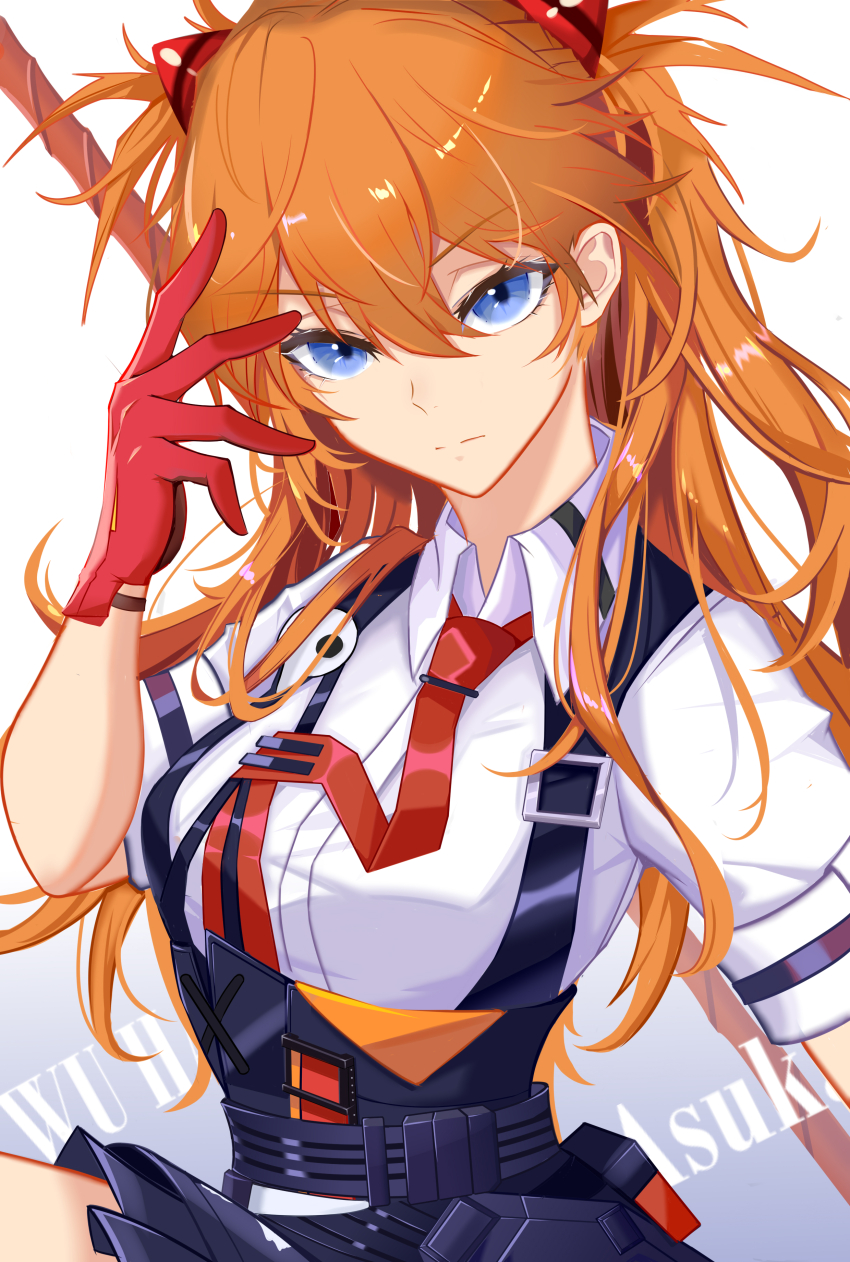 1girl absurdres alternate_costume artist_name black_skirt blue_eyes breasts character_name chinese_commentary closed_mouth collared_shirt commentary_request crossover gloves gradient_background hair_between_eyes hair_ornament hand_up high-waist_skirt highres holding holding_polearm holding_weapon honkai_(series) honkai_impact_3rd long_hair looking_at_viewer medium_breasts necktie neon_genesis_evangelion official_alternate_costume orange_eyes polearm red_gloves red_necktie revision shirt skirt solo souryuu_asuka_langley twintails upper_body weapon white_background white_shirt wu_hai_(artist)