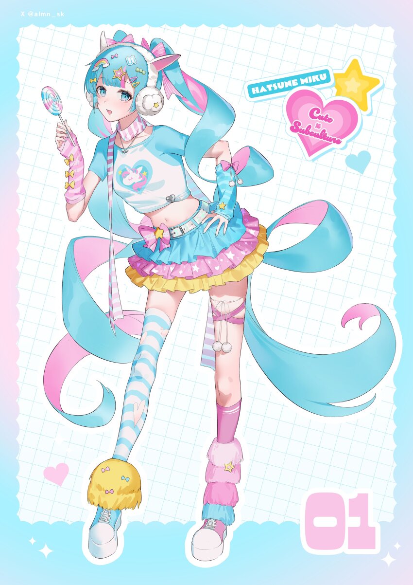 1girl absurdres almn_sk animal_ears asymmetrical_legwear belt blue_arm_warmers blue_hair blue_shoes bow breasts candy colored_inner_hair commentary cute_x_subculture_hatsune_miku_design_contest decora earmuffs english_commentary fake_animal_ears fashion fingerless_gloves food full_body fur_leg_warmers gloves grid_background hand_on_own_hip hatsune_miku heart heart_print heisei_retro highres holding holding_candy holding_food holding_lollipop jewelry jojifuku layered_skirt leg_warmers lollipop long_hair midriff mismatched_arm_warmers mismatched_legwear mismatched_shoes multicolored_hair multicolored_skirt navel pendant pink_arm_warmers pink_bow pink_hair pink_shoes pom_pom_(clothes) raglan_sleeves ringlets scarf shirt shoes skirt small_breasts sneakers solo standing star_(symbol) striped_clothes striped_scarf swirl_lollipop too_many_hair_ornaments twintails unicorn_print very_long_hair vocaloid white_belt white_shirt yume_kawaii