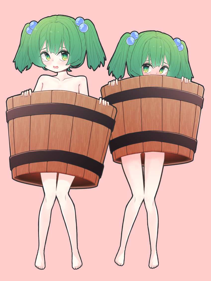 1girl absurdres blush collarbone commentary full_body green_eyes green_hair hair_bobbles hair_ornament highres kisume looking_at_viewer multiple_views nude open_mouth pink_background simple_background symbol-only_commentary touhou two_side_up wrevhy