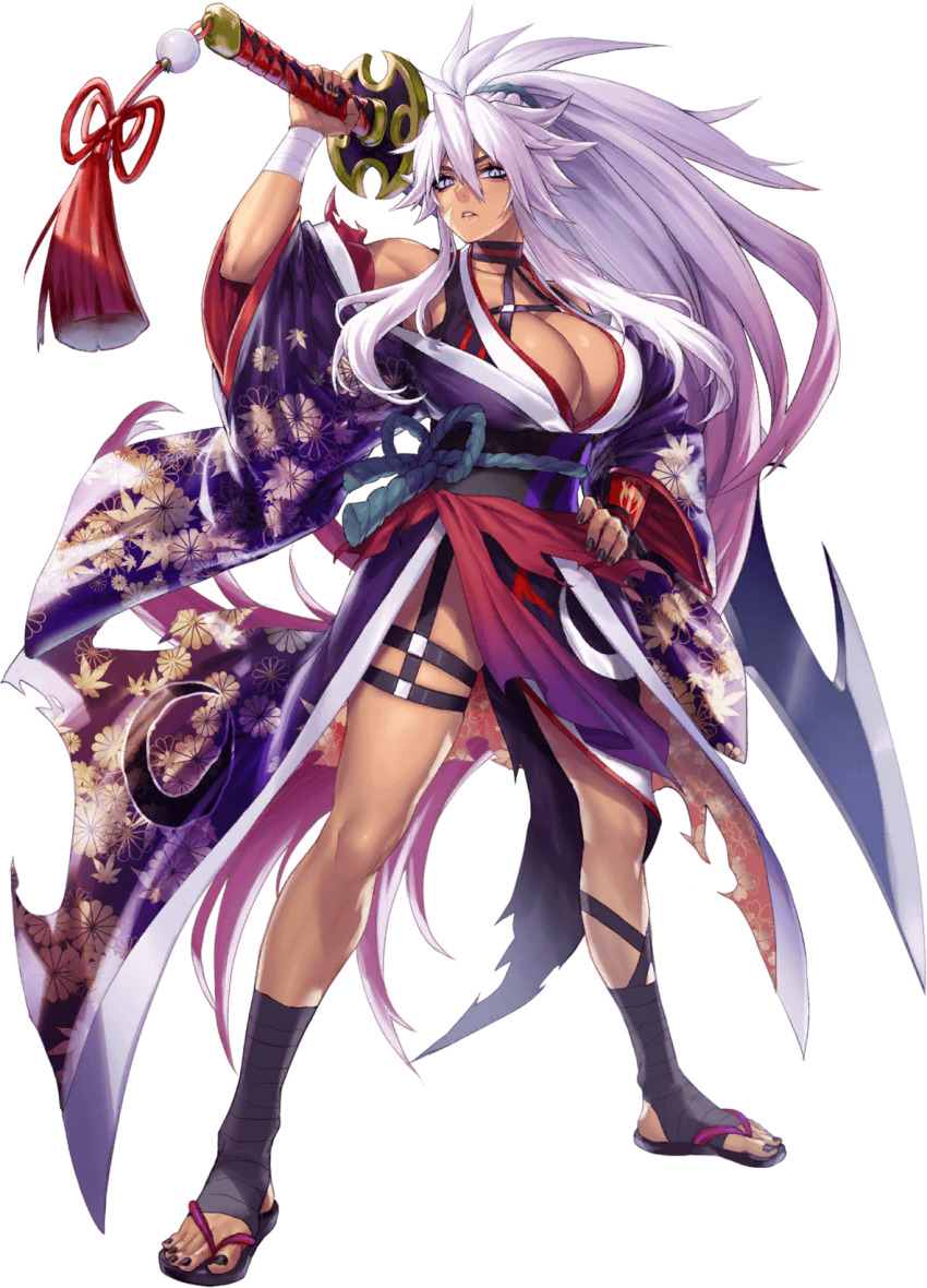 1girl breasts cleavage dark-skinned_female dark_skin gradient_hair hand_on_own_hip huge_weapon japanese_clothes kimono kyonyuu_fantasy kyonyuu_fantasy_burst large_breasts looking_at_viewer multicolored_hair pink_hair sandles scar scar_on_face sword weapon white_hair yakusha_(kyonyuu_fantasy_burst)