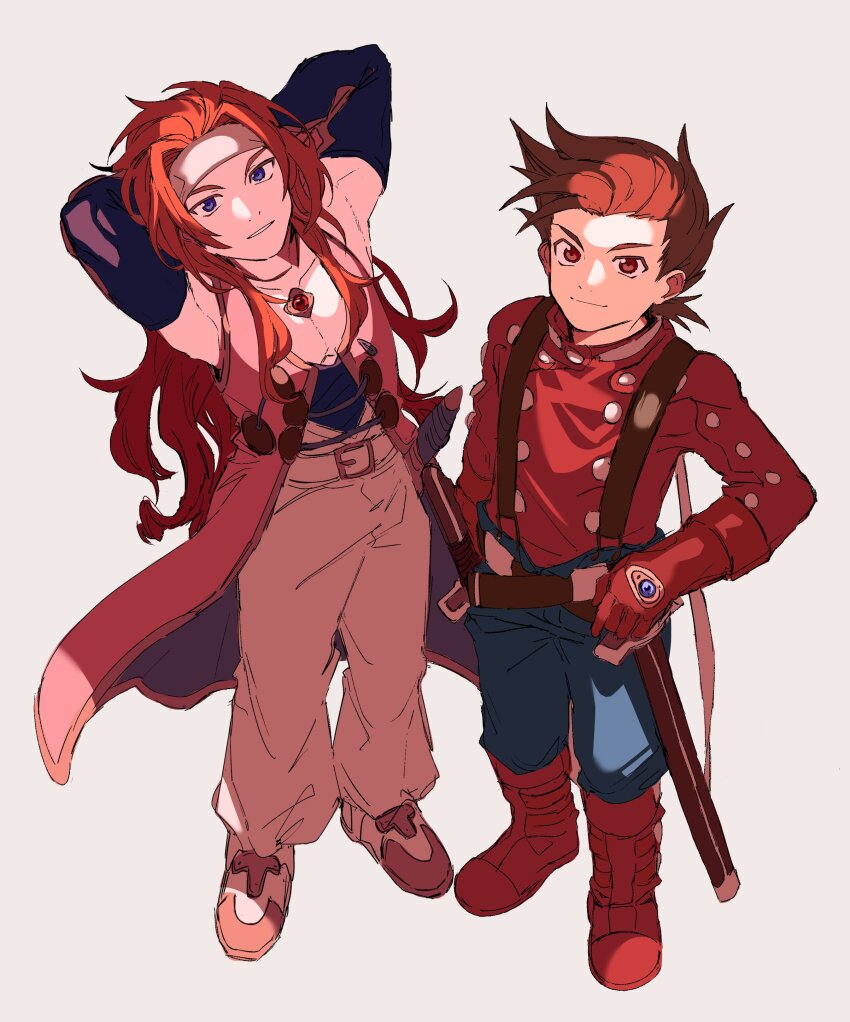 absurdres aemono_(lemolemo_lmn) black_pants black_undershirt blue_eyes boots brown_eyes brown_hair from_above gloves headband highres jacket lloyd_irving looking_at_viewer pants pink_jacket red_footwear red_gloves red_hair red_shirt scarf shirt simple_background suspenders tales_of_(series) tales_of_symphonia white_background white_pants white_scarf zelos_wilder