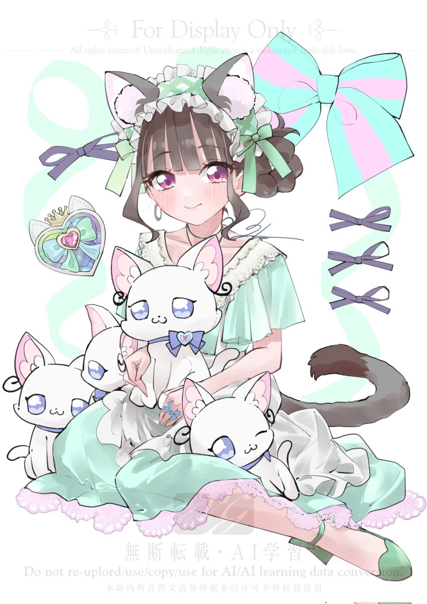 1girl animal animal_ear_fluff animal_ears animal_on_lap bow bow_ring brown_hair cat cat_ears cat_tail dress duko frilled_hairband frills full_body green_dress hair_bun hairband highres jewelry kemonomimi_mode lace lace-trimmed_dress lace_trim looking_at_viewer nekoyashiki_mayu nekoyashiki_yuki nekoyashiki_yuki_(cat) on_lap pink_eyes precure ribbon ring shiny_cats_pact shoes short_sleeves simple_background single_hair_bun sitting smile solo striped_bow tail watermark white_background wonderful_precure!