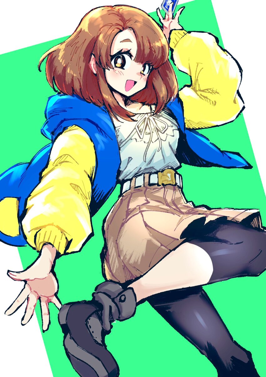 1girl black_pantyhose blue_jacket brown_eyes brown_hair brown_shorts card digimon digimon_card_game digimon_liberator green_background highres holding holding_card hood hooded_jacket jacket kinosaki_arisa medium_hair open_clothes open_jacket pantyhose shining_neko shirt shorts simple_background solo trading_card white_shirt yellow_jacket