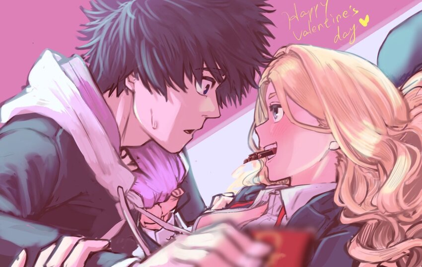 1boy 1girl arm_grab assertive_female black_hair black_hoodie blonde_hair blue_eyes blue_jacket blurry blurry_foreground blush chocolate close-up clothes_grab commentary constricted_pupils depth_of_field drawstring eye_contact food_in_mouth frenda_seivelun friend_a1012 from_side hair_spread_out hand_on_another&#039;s_arm happy_valentine hetero holding hood hood_down hoodie jacket kamijou_touma knife_in_back long_hair long_sleeves looking_at_another lying mouth_hold multicolored_hoodie necktie on_bed open_clothes open_shirt parted_lips pillow pink_background pulling purple_hoodie shirt_grab smile surprised thick_eyebrows toaru_majutsu_no_index toaru_majutsu_no_index:_old_testament two-sided_fabric unbuttoned undone_necktie valentine wavy_hair white_background white_hoodie