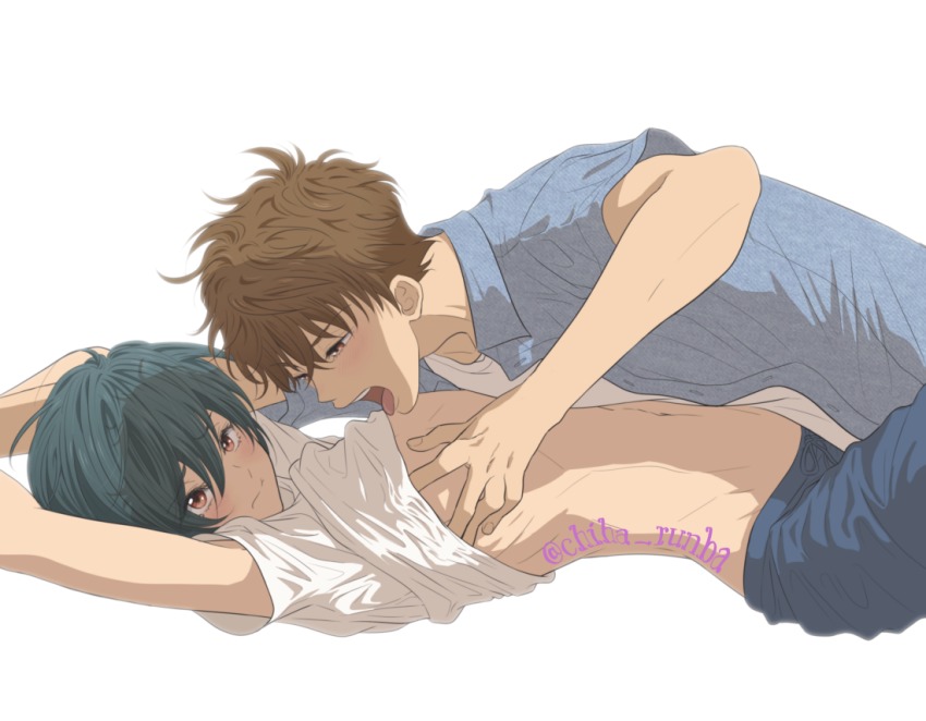 2boys artist_name brothers brown_hair chiha_runba green_hair high_speed! incest kirishima_ikuya kirishima_natsuya lying male_focus multiple_boys red_eyes short_hair t-shirt undressing white_background yaoi