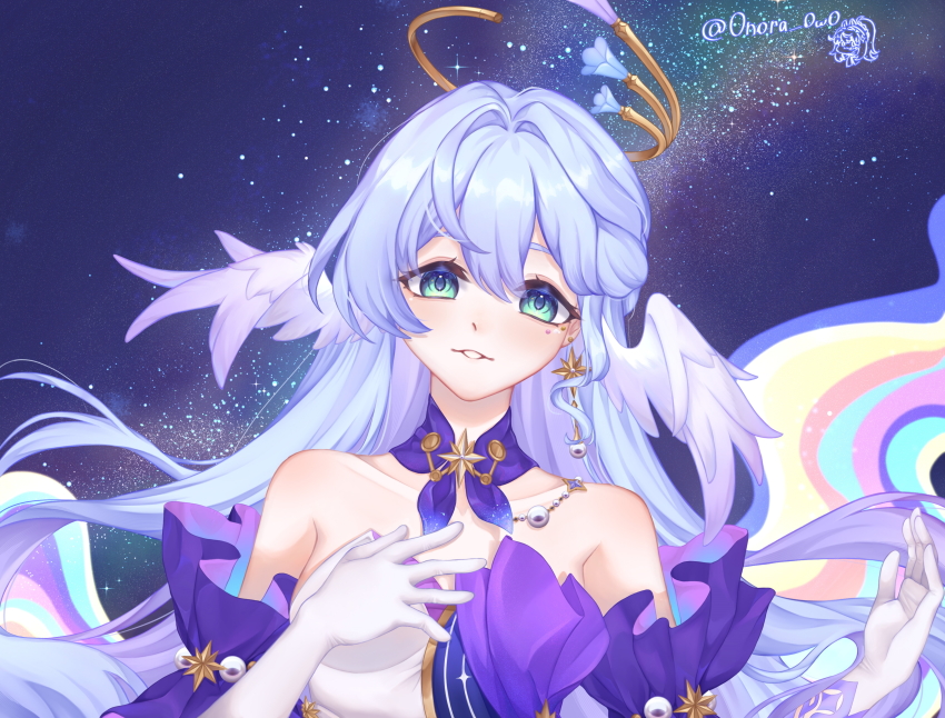 1girl absurdres aqua_hair bare_shoulders breasts collarbone dress feathered_wings feathers gloves green_eyes hand_on_own_chest head_wings highres honkai:_star_rail honkai_(series) jewelry long_hair looking_at_viewer medium_breasts mole mole_under_eye nora_(usjf7752) parted_lips robin_(honkai:_star_rail) sky solo star_(sky) starry_sky strapless strapless_dress twitter_username white_gloves wings