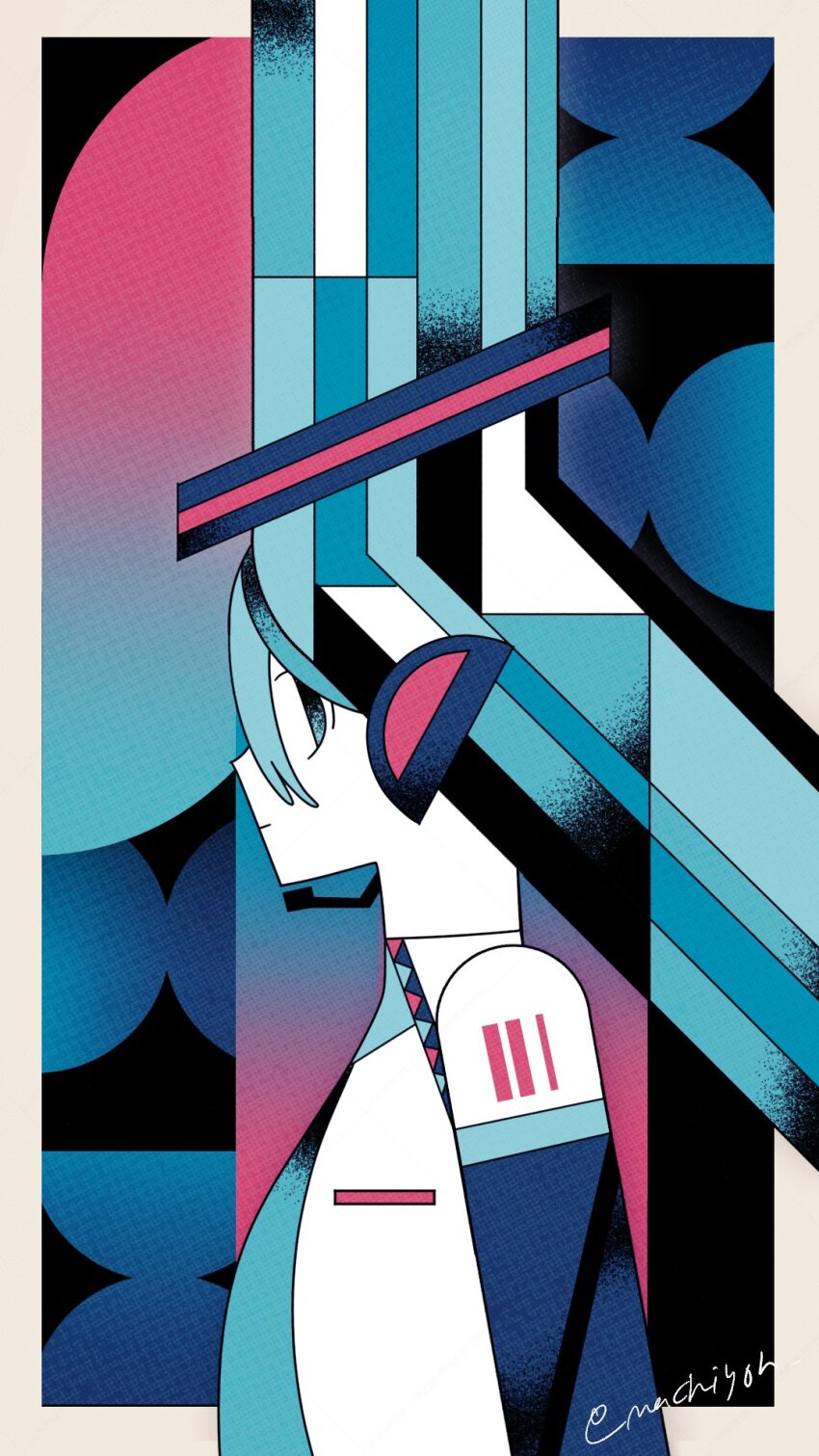 1girl abstract aqua_eyes aqua_hair aqua_necktie black_sleeves border closed_mouth collared_shirt commentary_request detached_sleeves from_side greek_commentary hair_between_eyes halftone hatsune_miku headphones headset highres looking_ahead machigami_yoh microphone necktie outside_border profile shirt shoulder_tattoo signature sleeveless sleeveless_shirt solo tattoo vocaloid white_border white_shirt