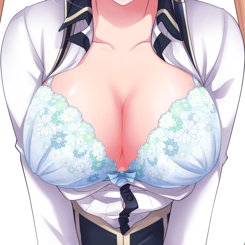 1girl alternate_breast_size blonde_hair bow bow_bra bra breasts cleavage collarbone face_cutout floral_print floral_print_bra highres large_breasts blue_bra omega_labyrinth_life open_clothes ourenji_berune school_uniform simple_background twintails u35 underwear white_background