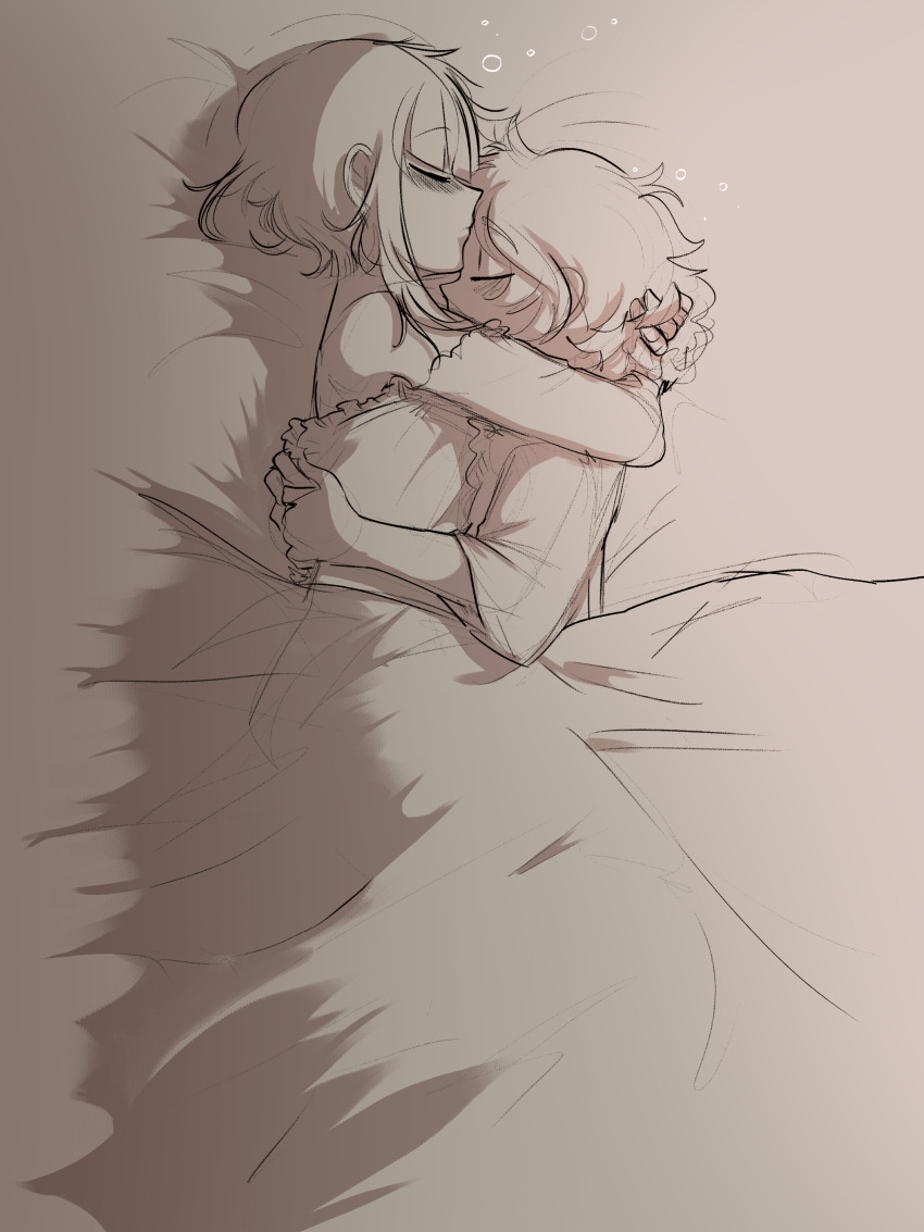 1boy 1girl absurdres bare_shoulders bed blanket blush celestia_ludenberg danganronpa:_trigger_happy_havoc danganronpa_(series) fujisaki_chihiro greyscale hetero highres hug long_sleeves lying monochrome on_side short_hair sleeping trap twinklelitchii