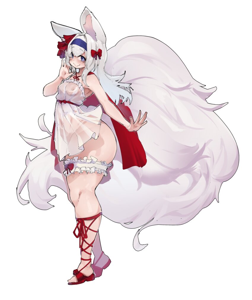 absurdres armpits ass bare_shoulders blue_eyes blue_hairband borrowed_character breasts cape covered_navel crr001 dress fox_girl fox_tail hair_ribbon hairband highres large_tail long_hair medium_breasts nipples no_bra no_panties original plushmallow_(lyn) red_cape red_ribbon red_sandals ribbon sandals see-through_clothes smile tail thick_thighs thigh_strap thighs white_dress white_hair
