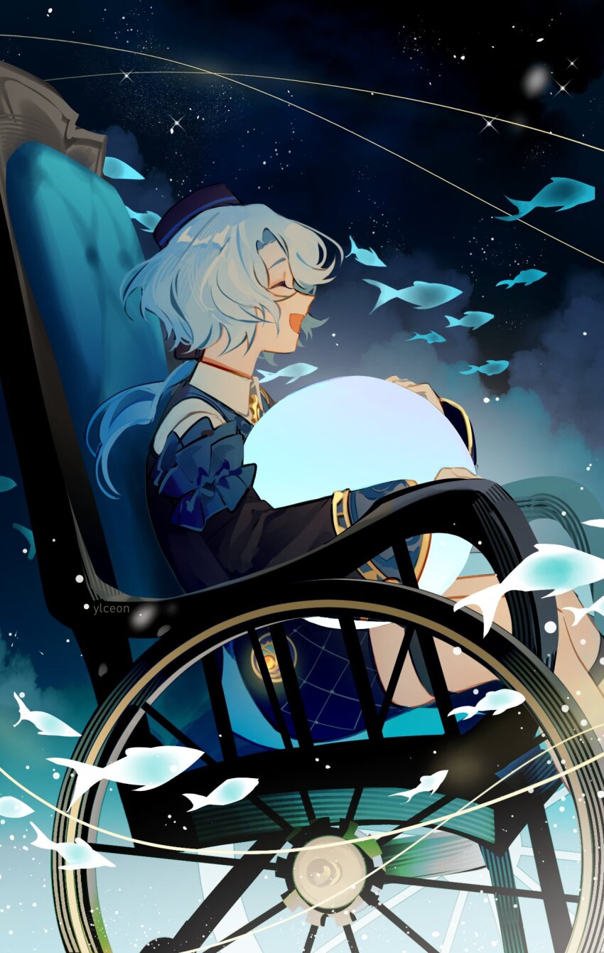 1boy :d black_bow black_coat black_hat blue_hair blue_vest bow chair closed_eyes coat fish garter_straps hair_bow happy hat highres holding holding_bubble holding_orb honkai:_star_rail honkai_(series) light_blue_hair long_sleeves misha_(honkai:_star_rail) open_mouth ponytail shirt shorts single_garter_strap sitting smile star_(sky) vest wheelchair white_shirt ylceon